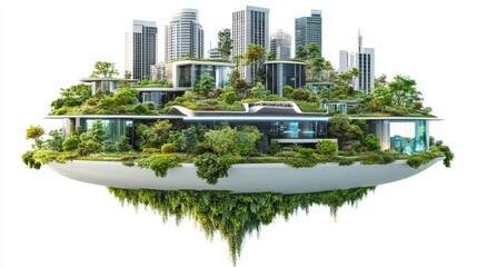 Futuristic Urban Landscape with Floating Green Spaces and Skyscrapers