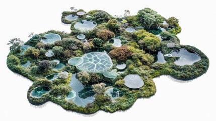 Serene Aerial View of Lush Green Landscape with Ponds and Trees