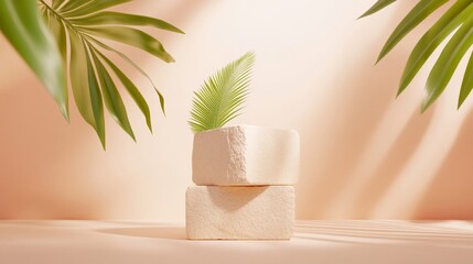 Minimalist Arrangement of Green Leaf with Natural Stone Blocks