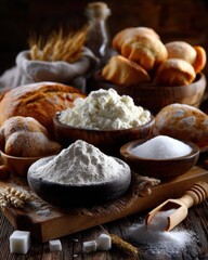 Fototapeta premium variety of whole spices in small wooden bowls on rustic surface