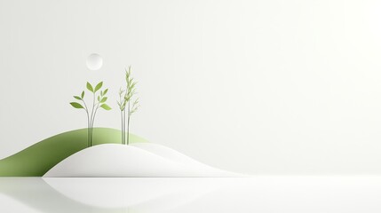 Minimalist Landscape with Green Hills and Simple Plant Elements