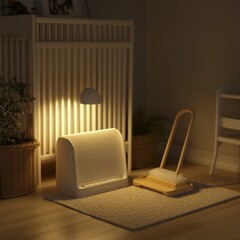 Modern Dustpan and Brush Set in Warm Interior Lighting Low Angle Still Life Home Cleaning Tool