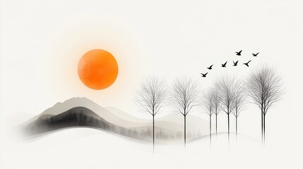 Serene Landscape with Sunset, Birds, Mountains, and Bare Trees