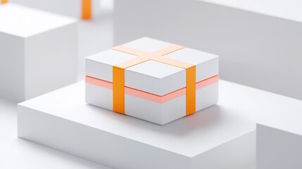 Elegant White Gift Box with Orange Ribbon on Minimalist Display