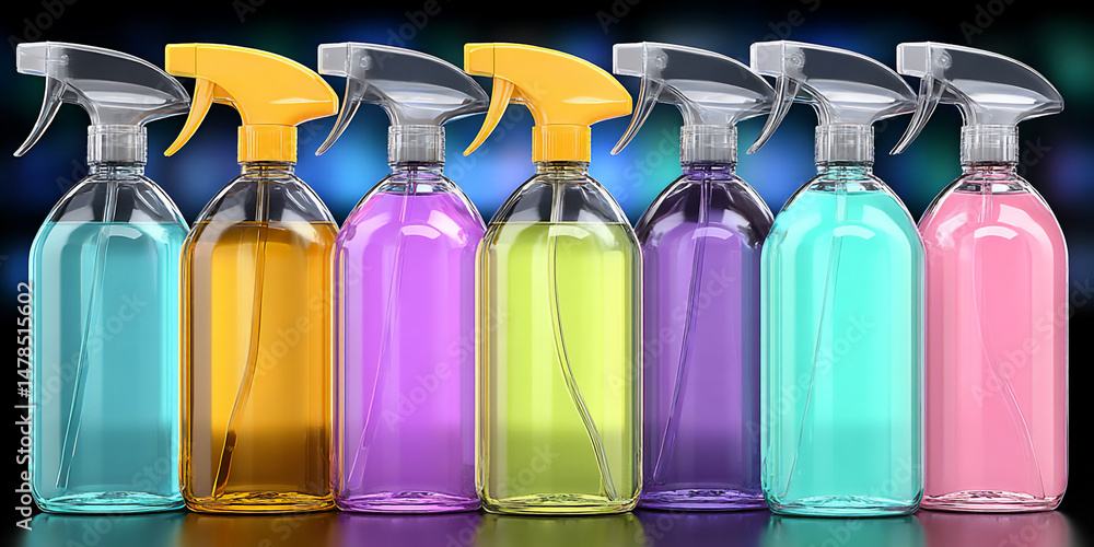 Poster close-up photograph of a row of different cleaning sprays in colorful bottles with clear labels, sta