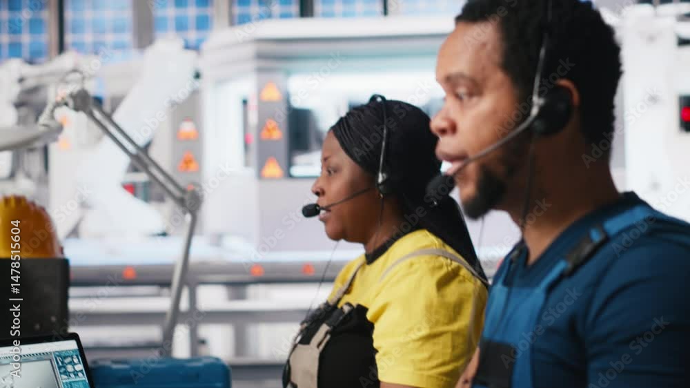 Poster engineer provides technical support via headset in solar panel factory, operator assists customers w