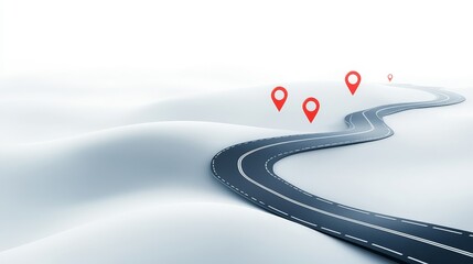 Curved Road with Location Pins in a Misty Landscape Environment