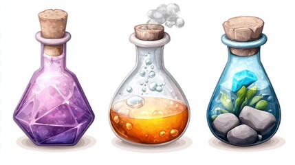 Pixel Art Potions Three Colorful Glass Bottles with Various Liquids