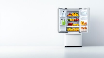 Fresh Fruits and Beverages in Open Refrigerator on Minimalist Background
