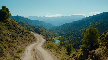 Scenic Mountain Road Winding Through Valley With River View