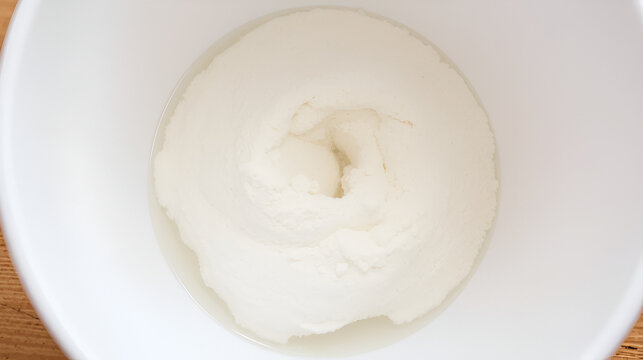 Water and flour in a white bowl, hydrating flour before baking, autolyse process of baking bread