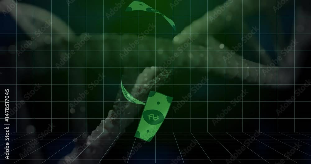 Poster green banknote icon twisting and floating in animated 3d grid render, showing prawn shape behind