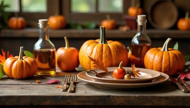 A rustic Thanksgiving table setting with autumnal decorations , celebration, decorations, bowl
