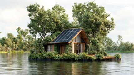 Obraz premium Eco-Friendly Home Surrounded by Water and Lush Greenery in Nature