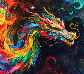 an abstract drawing of a dragon with colorful lines, precisionist lines, light red and indigo, colorful turbulence with mixed pattern colorful background