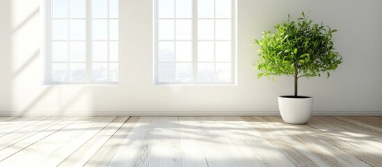 minimalist interior showcasing a sunlit room with wooden flooring, large windows casting shadows, and a vibrant green potted plant, offering a serene and refreshing ambiance