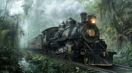Steam train in a lush, misty jungle