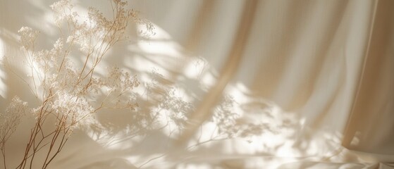 Beige Fabric Backdrop with Floral Shadow Play Still Life Photography for Backgrounds and Product Mockups Neutral Tone Aesthetic