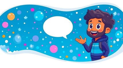 Cartoon man with speech bubble, surrounded by colorful bubbles