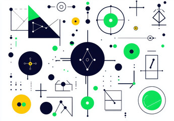 Obraz premium Abstract geometric shapes and dots create vibrant background, featuring circles, triangles, and lines in contrasting colors of green, yellow, and black. This design evokes modern and dynamic feel