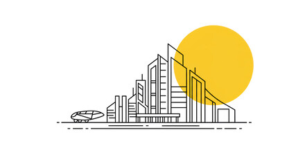 Futuristic Cityscape Line Art with Yellow Sun