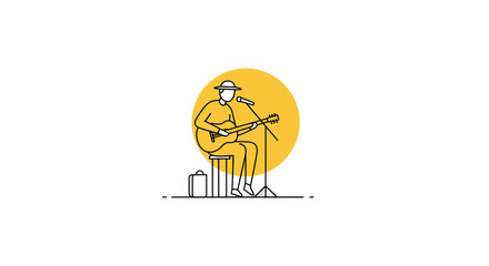 Minimalist Musician Illustration: Acoustic Guitar Performance with Yellow Circle Background