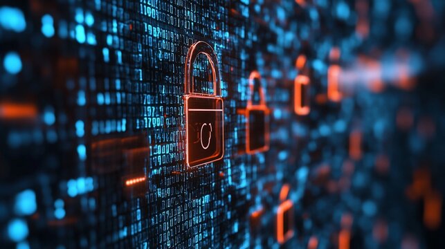 Digital security concept with glowing red padlocks over blue binary code background