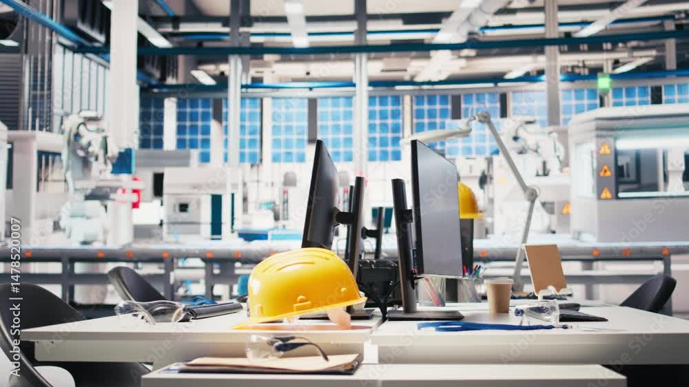 Poster pc on desk in empty photovoltaics factory used for data analysis and reviewing system metrics for th