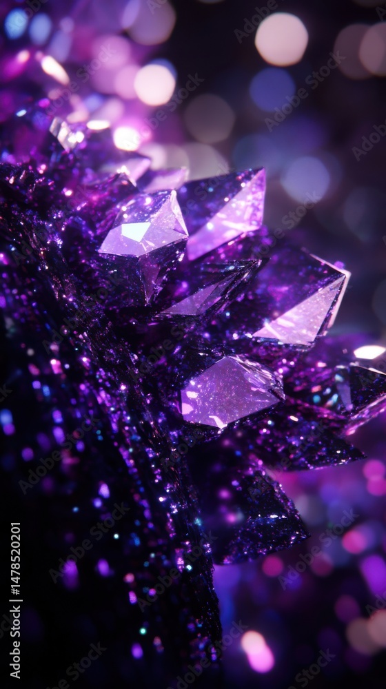 Poster close-up of sparkling amethyst crystals displaying geometric facets in purple and violet hues with b