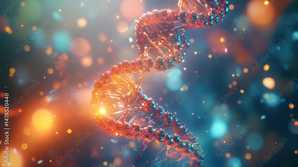 Poster an abstract rendering of a dna strand, illuminated with vibrant orange and cyan light, surrounded by