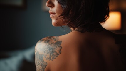 Over The Shoulder View Of A Woman with Floral Tattoo
