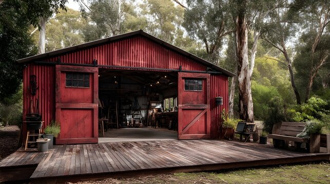Vintage barn red tool workshop features sliding doors repurposed from reclaimed timber creating charming ambiance