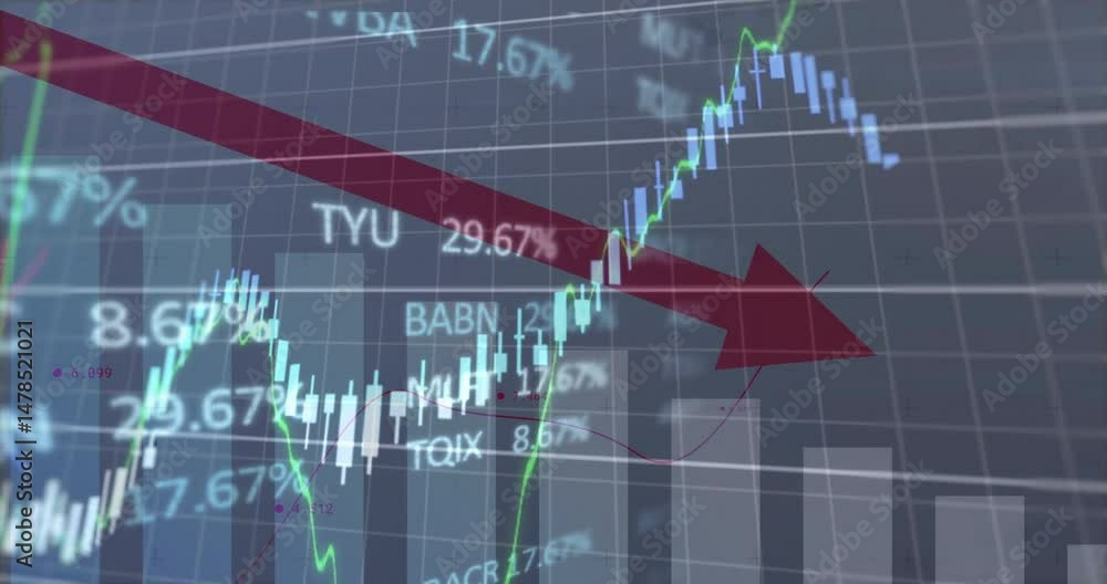 Poster trading interface being animated in flat design, showing candlestick charts and red decline arrow