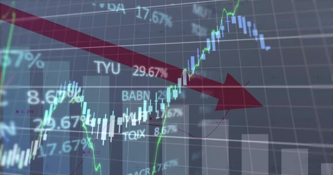 Trading interface being animated in flat design, showing candlestick charts and red decline arrow