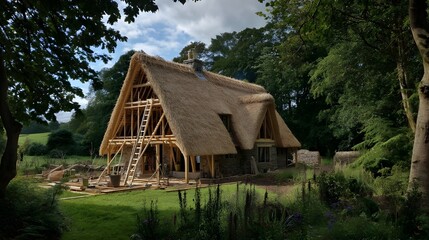 Obraz premium Build A Charming Thatched Roof Cottage In Lush Verdant Surroundings For A Cozy Eco-Friendly Retreat