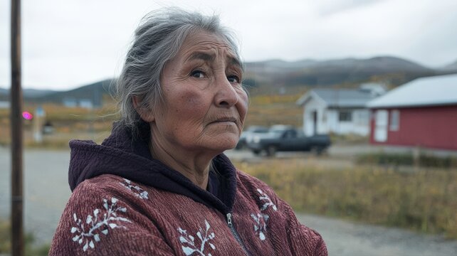 Dene elder sharing stories about climate change impacts in Canada, reflecting Indigenous knowledge, environmental change and community resilience. Authentic documentary-style scene in a natural settin