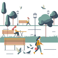 Art & Illustration Art & Illustration Vector illustration of a girl walking in the park with pigeons.