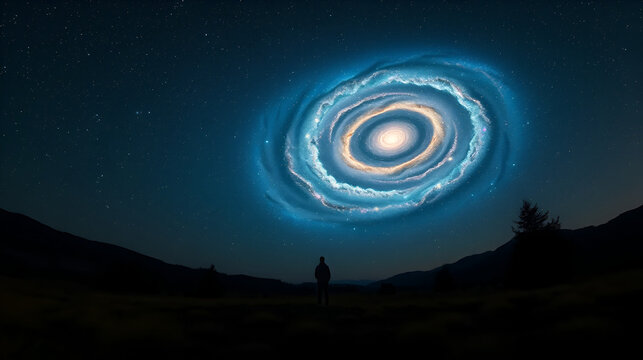 A peaceful nocturnal landscape where one person stands transfixed by a brilliant, spiraling galaxy