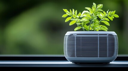 Modern Air Purifier with Indoor Plant on Bright Window Sill