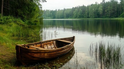 A wooden boat abandoned by the shore of a forest lake