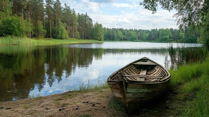 A wooden boat abandoned by the shore of a forest lake