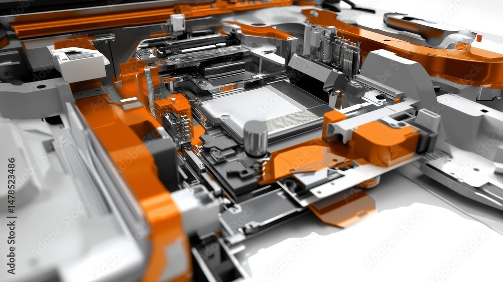 Poster close-up view of abstract circuit board with orange elements
