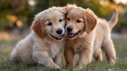 Adorable golden retriever pups playful outdoor moment