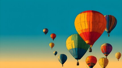Fototapeta premium Experience Festival Excitement At Parade Of Hot Air Balloons Ascending Into Vibrant Blue Sky Panorama