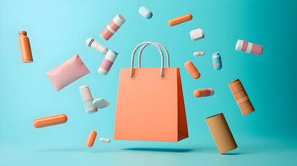 Floating Coral Shopping Bag With Cosmetic Products On Light Blue Background