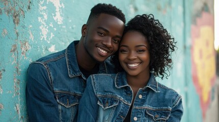 Obraz premium A young couple in matching denim jackets taking a candid photo