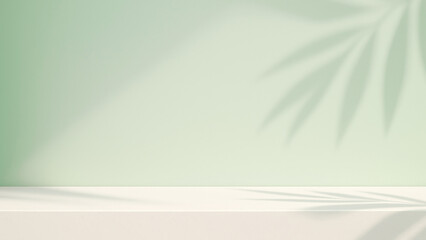 Elegant contemporary natural light shadow on green wall and table top for organic beauty cosmetic...