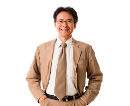Asian man in tan suit stands confidently with hands in pockets isolated on transparent background