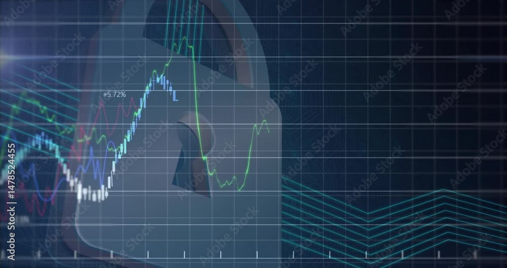 Aufkleber cluster of candlestick bars and line graphs moving across financial dashboard, in flat design style