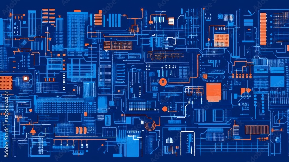 Aufkleber abstract technology background with circuit patterns in blue and orange